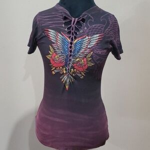 Affliction black label eagle wing jewelled t shirt burgandy black distressed
